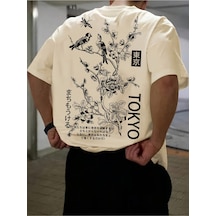 Uyguntarz Unisex Tokyo Baskılı Oversize Tişört Bej