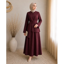 Efulim Womens Sade Broşlu Kuşaklı Alt-üst İkili Tesettür Takım Mürdüm