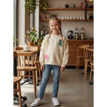 Kız Çocuk Pamuklu Tavşan Desenli İnce Uzun Kollu Sweatshirt-16335 KREM
