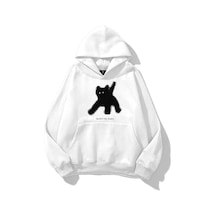 Unisex Black Cat Pixel Sweatshirt Beyaz Beyaz