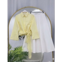 Lovie Moda Kadın Scuba Etek Bağcıklı Gömlek Takım - Sarı