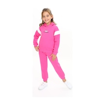 Toontoy Kids Toontoy Kız Çocuk 2'li Takım Baskılı Kolej Yaka Fermuarlı Cepli Sweatshirt & Beli Paçası Ribanalı Jogger Eşofman Altı - 3 İplik Şardonlu Fuşya