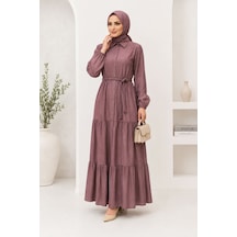 Miss Meliss Tencel Kumaş Örgü Kemerli Gömlek Yaka Düğmeli Boydan Elbise Bordo Bordo