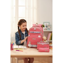 Rlx-1396 3'lü Set Çocuk İlkokul Çantası Kalemlikli Beslenme Çantalı Sırt Çantası Pembe Çok Renkli
