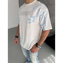 Erkek Bisiklet Yaka Tişört Yıldırım Şimşek Baskılı Kısa Kol T-shirt - Beyaz