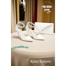 Famels Kısa Topuklu Ayakkabı Beyaz Cilt Bileği Taşlı , Abiye Ayakkabı Ve Taşlı Abiye Çanta Seti Beyaz-1
