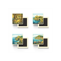 Bartın - 4'lü Memleket Seti - Baskılı Buzdolap Magneti Kare - 9x9 Cm - 4 Adet