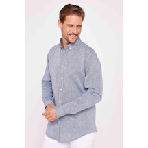 Tudors Slim Fit Uzun Kollu Dar Kesim Keten Doku Premium Seri Düğmeli Yaka Düz Lacivert Erkek Gömlek-30599-lacivert Lacivert