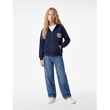 Koton Cepli Uzun Kollu Baskılı Oversize Kapşonlu Fermuarlı Sweatshirt Lacivert 7wkg10018ak
