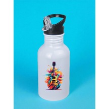 Gitar Baskılı Matara Suluk 600 Ml - Sporcu Suluğu, Büyük Suluk, Spor Matara, Sporcu Sulukları Beyaz