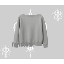 Startmore Meow Yazılı Kedi Portre Baskılı Kayık Yaka Sweatshirt Gri