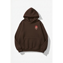 Uyguntarz Unisex Yumuşak Dokulu Canım Kedilerim Baskılı Tasarım Oversize 3 İplik Hoodie Sweatshirt Kahverengi