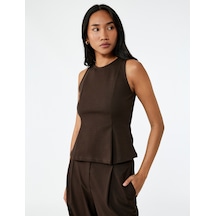 Koton Slim Fit Bisiklet Yaka Kolsuz Peplum Bluz Kahverengi 6wak10149ek Kahve