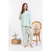 Kadın Orta Yaş Ve Üzeri Regular/rahat Kalıp Düz Desen Pamuk Anne Pijama Takımı 50-mint Yeşili