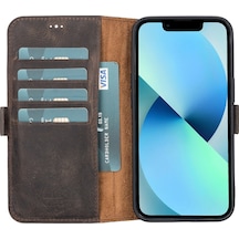 Plm Apple İphone 13 Uyumlu Deri Cüzdanlı Kılıf Acı Kahve Acı Kahverengi