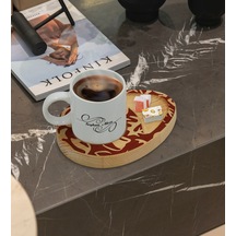 Kişiye Özel Retro Motif Tasarımlı Doğal Ahşap Tabaklı Türk Kahvesi Fincanı Sunum Seti Model 2