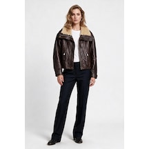 Marsel&leon Marsel Leon Kadın Peluş Yakalı Fermuarlı Deri Görünümlü Bomber Mont Kahverengi