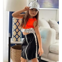 Kız Çocuk Şapka Kombinli Etekli Üçlü Alt Üst Takım-TURUNCU