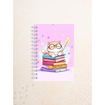 Sevimli Kedi Ve Kitap Desenli Defter 60 Yaprak / 120 Sayfa Çizgisiz Tel Spiralli Çok Renkli