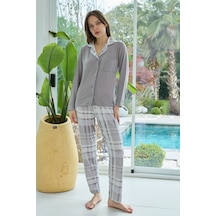 Remsa Kadın Desenli Önü Düğmeli Yumuşak Milan Kumaş Pijama Takımı 250374 Koyu Vizon Koyu Vizon
