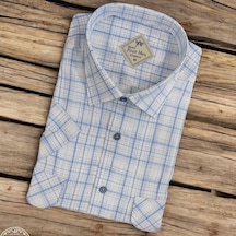 Linen Keten Klasik Kısa Kollu İki Cepli Kapaklı Mavi Baba Gömleği Regular Kalıp -10114 Mavi