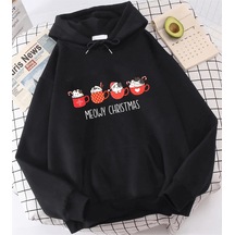 Kedi Tasarımlı Meow Christmas Yeni Yıl Kapşonlu Sweatshirt 001