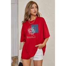 Unisex Minimal Line Drawing Baskılı Kısa Kol T-shirt Kırmızı