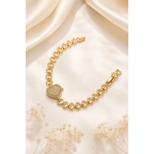 Balenbi Jewelry Kadın Taşlı Büyük Kalp Figürlü Kalp Zincir Kararmaz Çelik Bileklik 14k Gold 1140 Altın