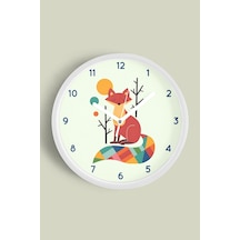 Sevimli Tilki Temalı Çocuk Odası Modern Duvar Saati - 30cm - Önü Camlı Beyaz Kasa - Sessiz Mekanizma Beyaz