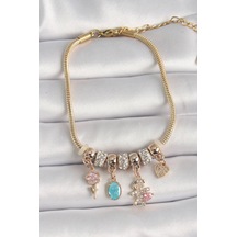 Zarif Kadın İçin Golden Çelik Zincir Zirkon Ayıcık Çiçek Bileklik Gri