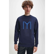 Kayı Boyu Baskılı Indigo Mavi Lacivert Erkek Örme Sweatshirt
