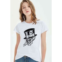 Gamblıng Smoke Skull Baskılı Beyaz Kadın Tshirt