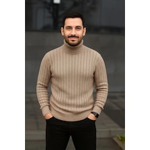 Efnaz Style Erkek Balıkcı Yaka Bağazlı Triko Kazak Pamuklu Kalın Fitilli Dokuma, Regular Fit Uzun Kollu Kışlık Model - Bej