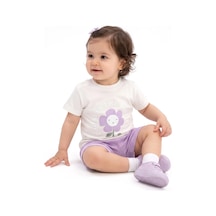 Bebegen Kız Bebek Beyaz Lila Ayçiçeği Desenli Şortlu 2'li Takım Çok Renkli