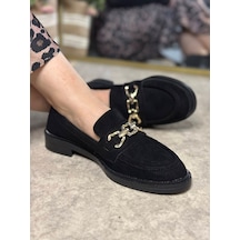 Günlük Kadın Loafer Makosen Klasik Alçak Topuklu Desenli Taban Zincirli Oval Burunlu Ayakkabı 150 Siyah - Süet