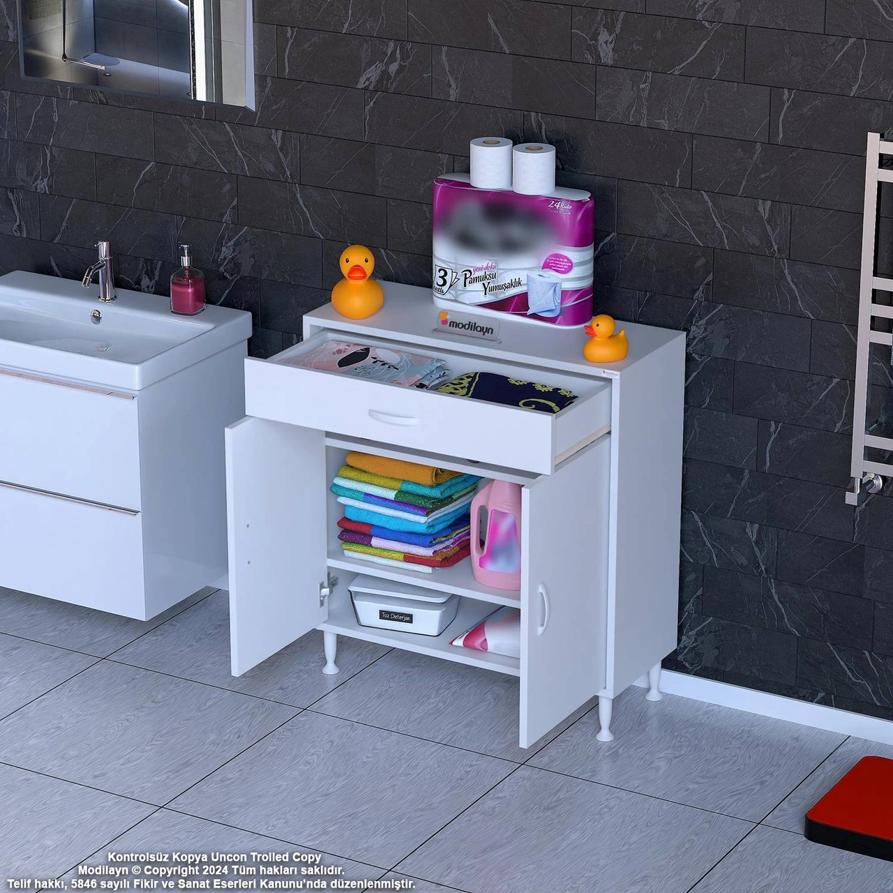 Mira Banyo Ve Mutfak Dolabı Çok Amaçlı Dolap Tek Çekmece 2 Kapak 2 Raf 3 Bölme 70x88x32,5 Cm Beyaz
