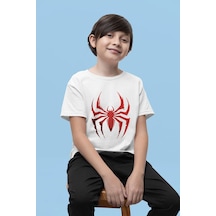 Sevbano Örümcek Adam Logo Baskılı Unisex Çizgi Film Çocuk Tişört 1-12 Ya Beyaz