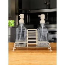 Sıvı Sabunluk 2 Li Metal Stant Lı Cam Ahşap Kulplu Sabunluk Krem