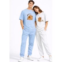 Nevermınd Sevgili Kombini Sevimli Ayı Baskılı Çift Tişört Oversize Unisex Partner Tişört 2'li Set Mavi Mavi