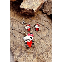 Kalpli Panda Model Mineli Gold Altın Renk Paslanmaz Çelik Kolye Küpe Set