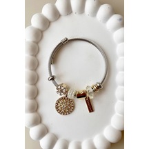 8050 Kalp Sallantılı Çelik Bileklik - Beyaz Çelik