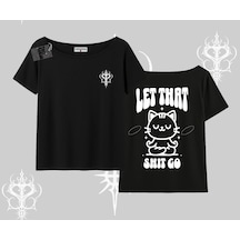 Tarzsokak Meditasyon Yapan Kedi Baskılı Kayık Yaka Tshirt Siyah