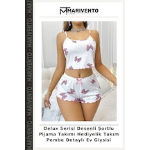 Marivento Delux Serisi Desenli Şortlu Pijama Takımı Hediyelik Takım Pembe Detaylı Ev Giysisi Beyaz - Pembe