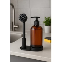 Silikon Bulaşık Fırçalı Standlı Sıvı Sabunluk - Deterjanlık 10x22 Cm Amber Şişe Siyah