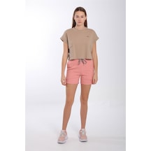 Maraton Sportswear Comfort Kadın Bisiklet Yaka Kısa Kol Basic Açık Vizon Crop Top 20856 Açık Vizon