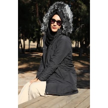 Barbora Kışlık Yaka Kürklü Uzun Kadın Şişme Tesettür Mont bt122siyahtesettür
