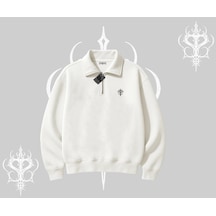 Beyaz Yarım Fermuarlı Sweatshirt Özel Logolu Beyaz