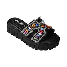 Yazkış Kadın Siyah Ten Üzeri Püsküllü Renkli Boncuklu 5cm Rahat Taban Terlik Siyah