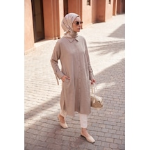 Armine Trend Doğal Kumaş Asimetrik Dikiş Detaylı Gömlek Yaka Tunik 118 Cm Boy Vizon 26yt478
