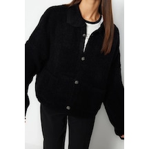 Ersefa Kadın Modern Tarz Oversize Polo Yaka Regular Triko Hırka Siyah